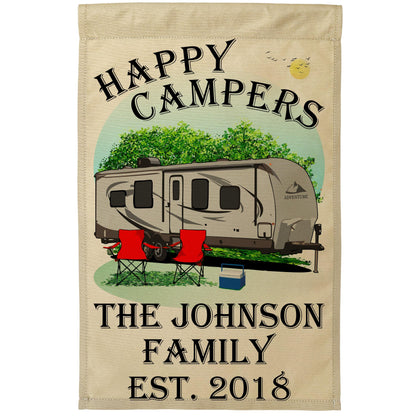 “Happy Campers” Personalized Camping Flag – Travel Trailer Design on Tan Fabric