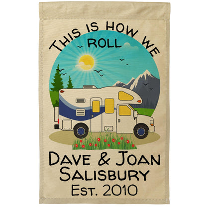 This is How We Roll, Personalized Class C Motorhome RV Campsite Flag on Tan Fabric