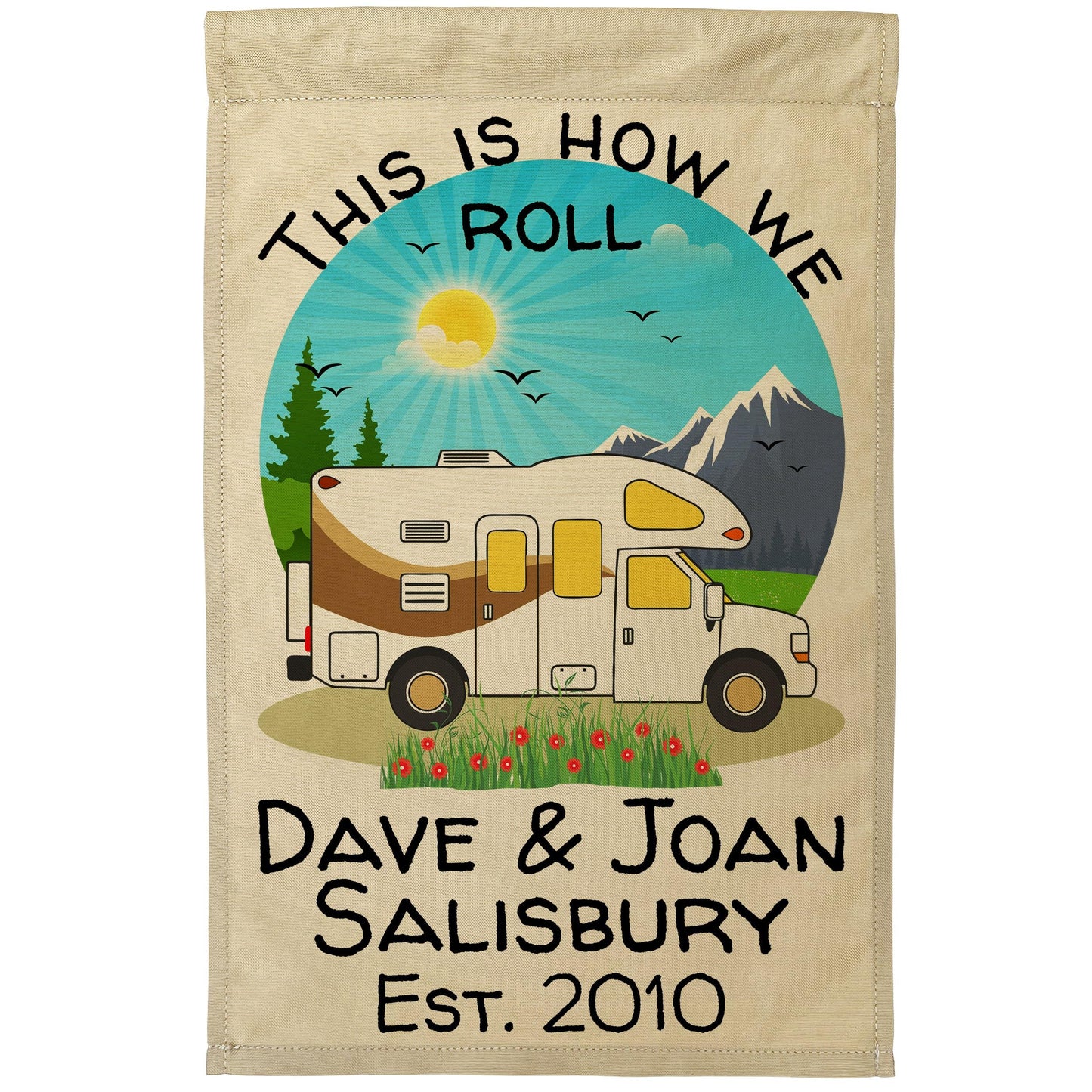 This is How We Roll, Personalized Class C Motorhome RV Campsite Flag on Tan Fabric