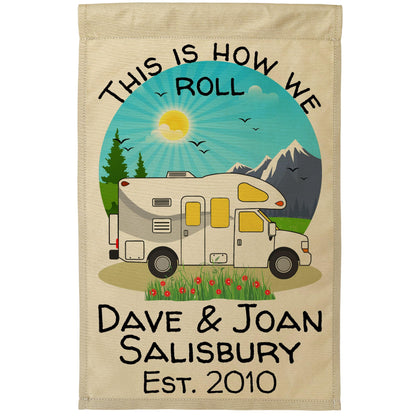 This is How We Roll, Personalized Class C Motorhome RV Campsite Flag on Tan Fabric
