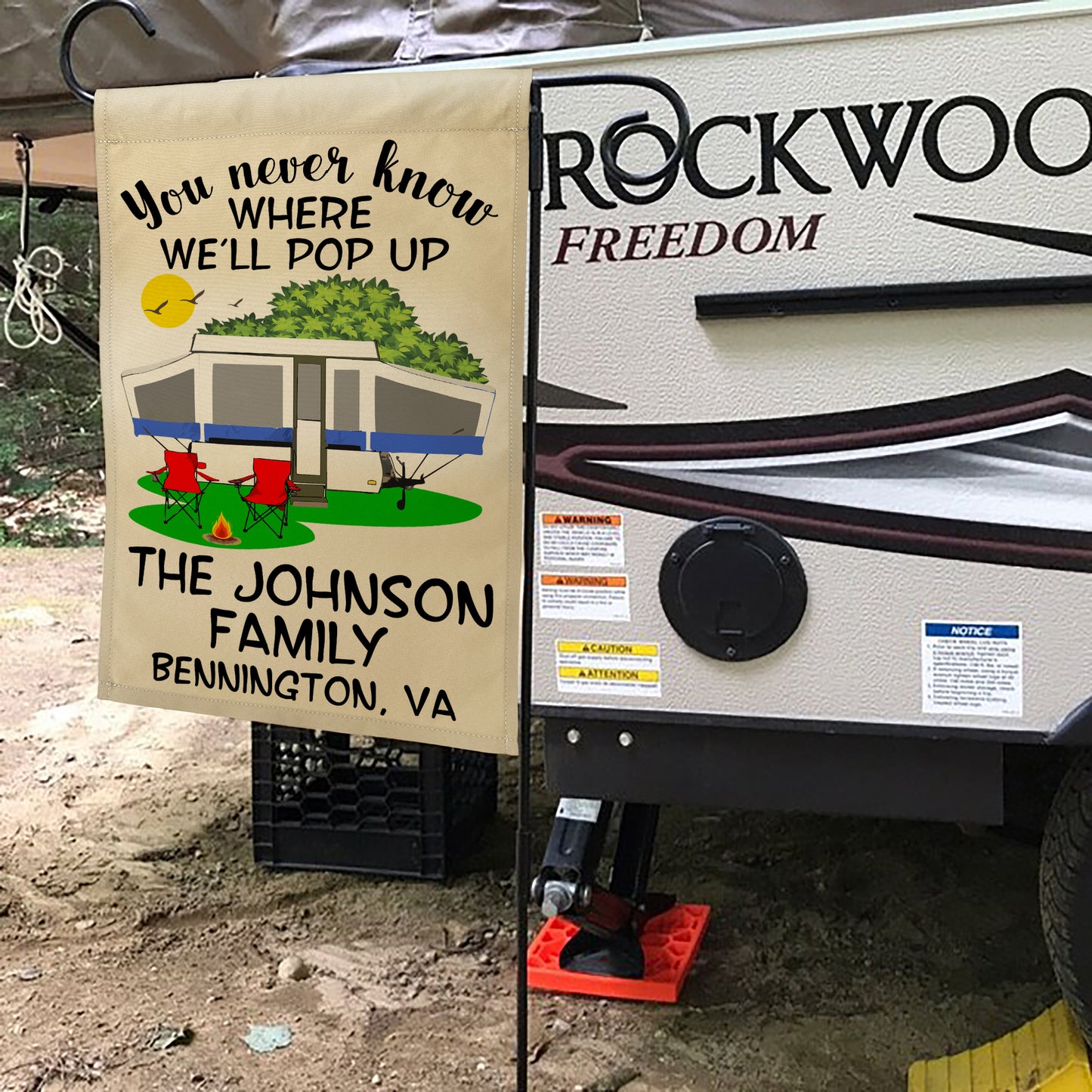 You Never Know Where We'll Pop Up Personalized Campsite Flag on Tan Fabric