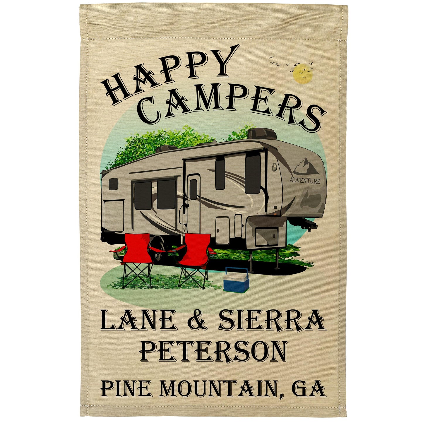 "Happy Campers" Personalized Camping Flag with 5th Wheel Trailer on Tan Fabric