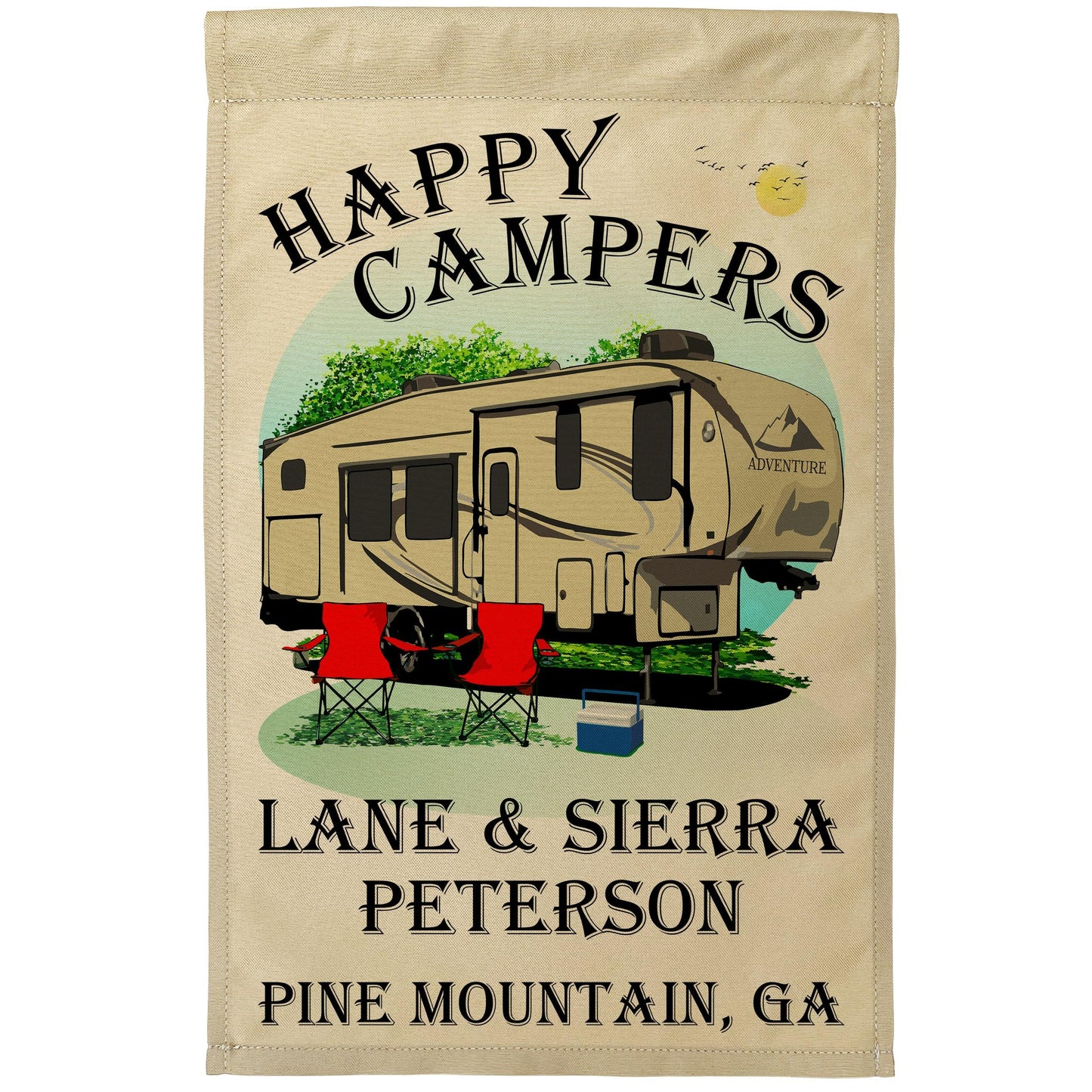 "Happy Campers" Personalized Camping Flag with 5th Wheel Trailer on Tan Fabric
