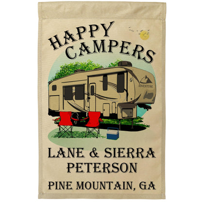 "Happy Campers" Personalized Camping Flag with 5th Wheel Trailer on Tan Fabric