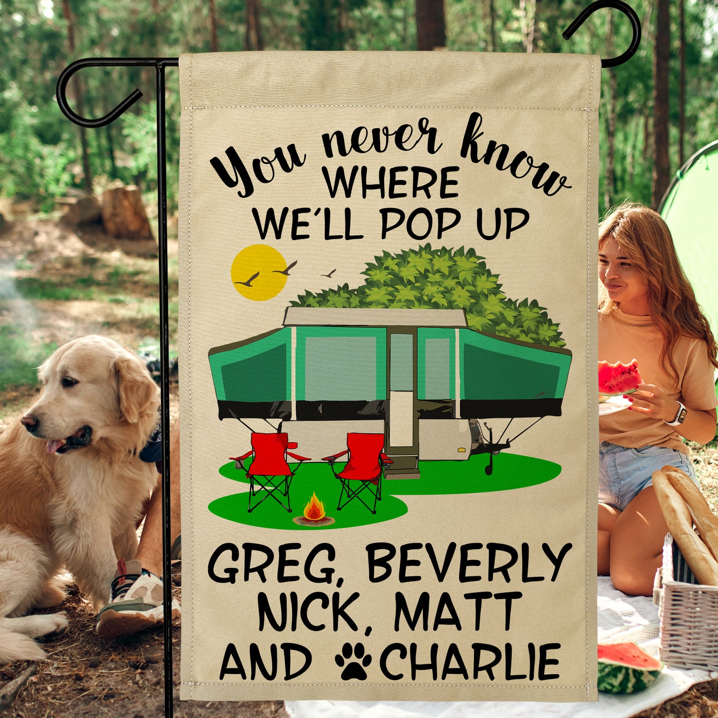 You Never Know Where We'll Pop Up Personalized Campsite Flag on Tan Fabric