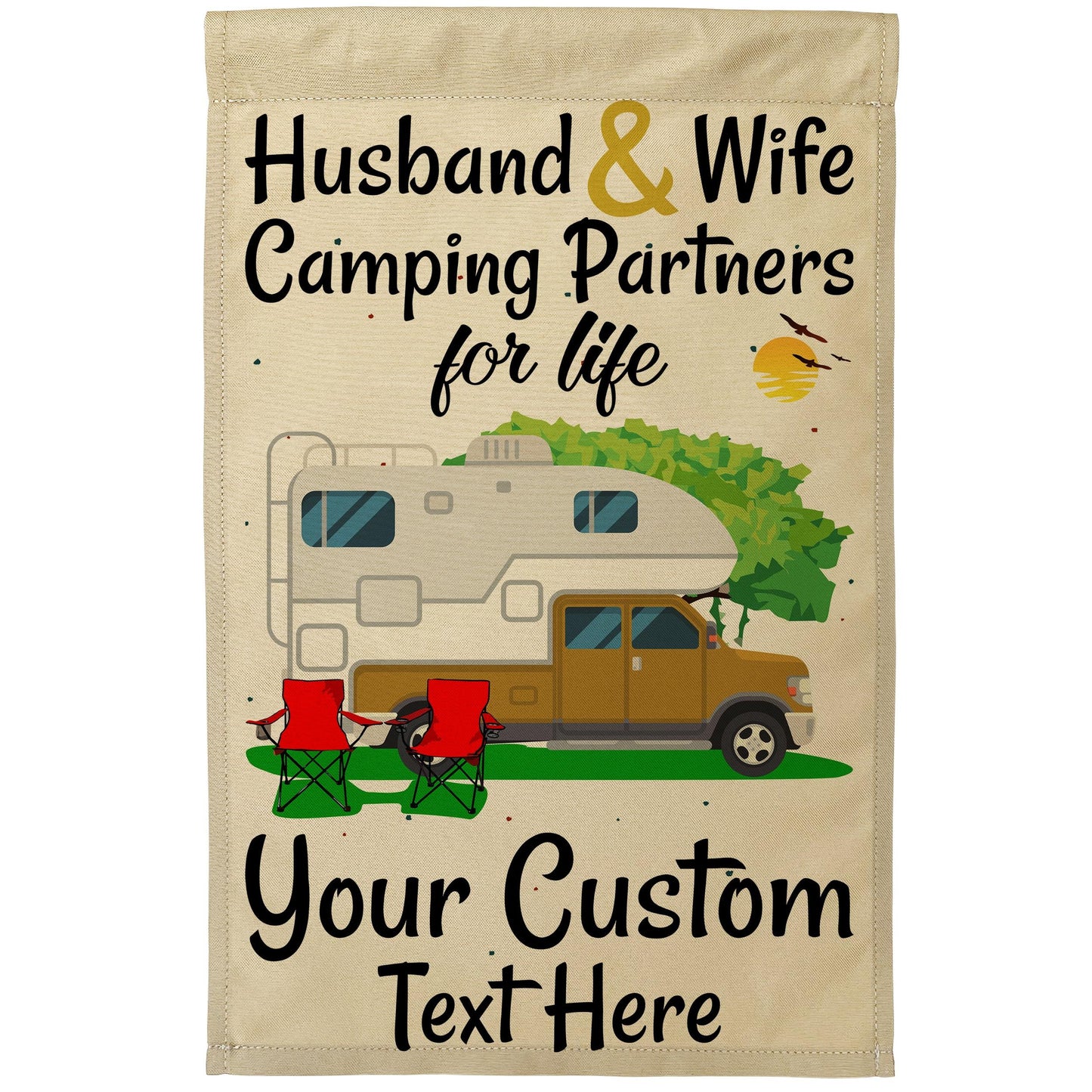 Husband and Wife Camping Partners for Life Camping Flag with Truck and Camper on Tan Fabric