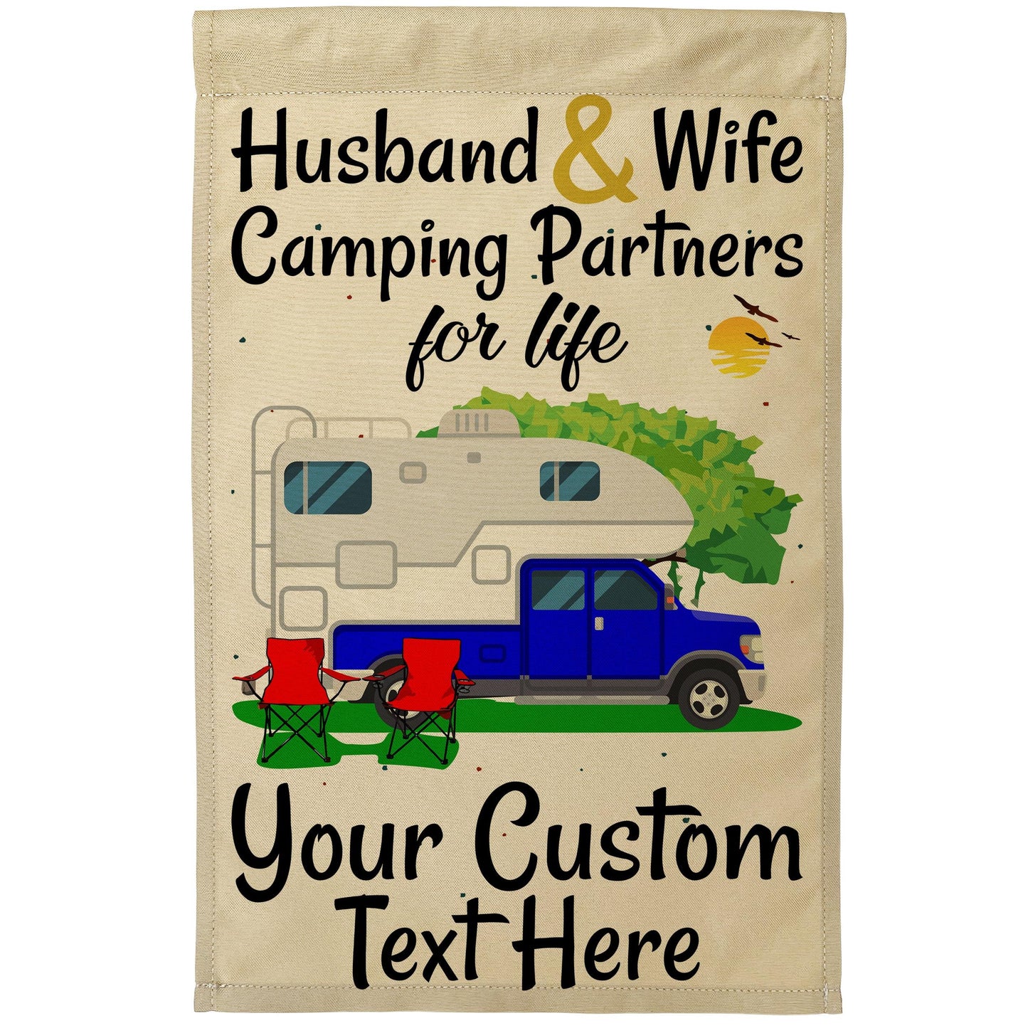 Husband and Wife Camping Partners for Life Camping Flag with Truck and Camper on Tan Fabric