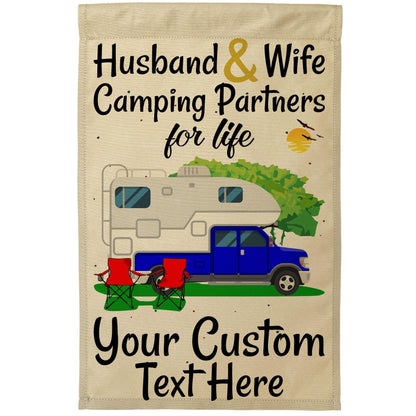 Husband and Wife Camping Partners for Life Camping Flag with Truck and Camper on Tan Fabric