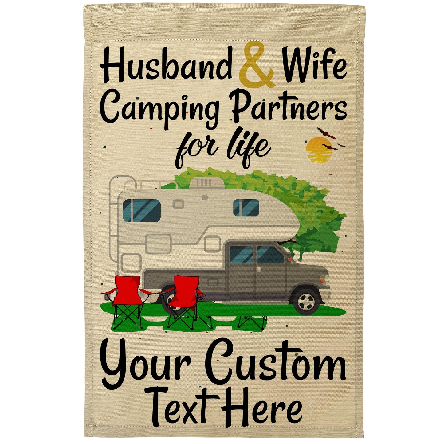 Husband and Wife Camping Partners for Life Camping Flag with Truck and Camper on Tan Fabric