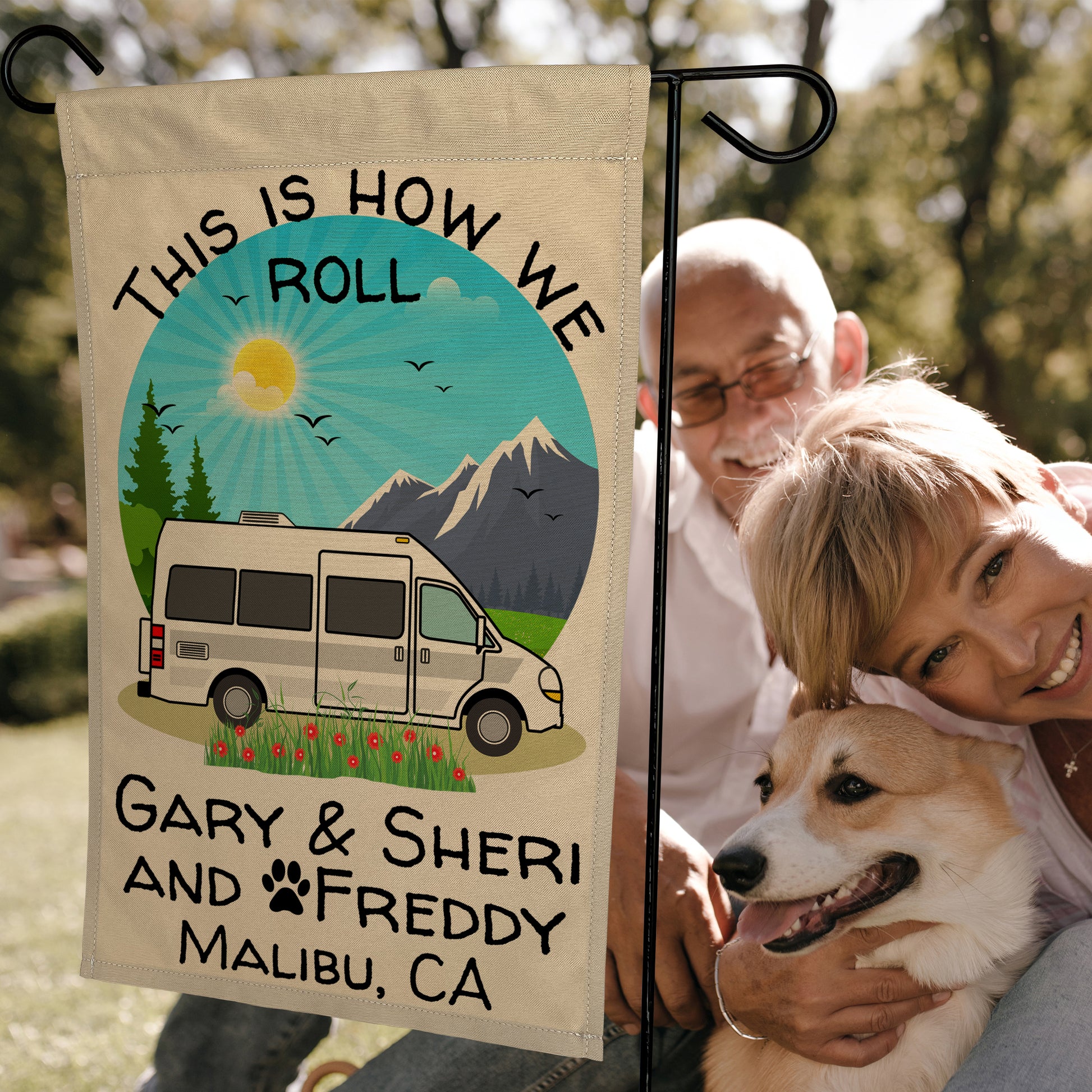 This is How We Roll, Personalized Class B Camper Van RV Campsite Flag Tan Fabric