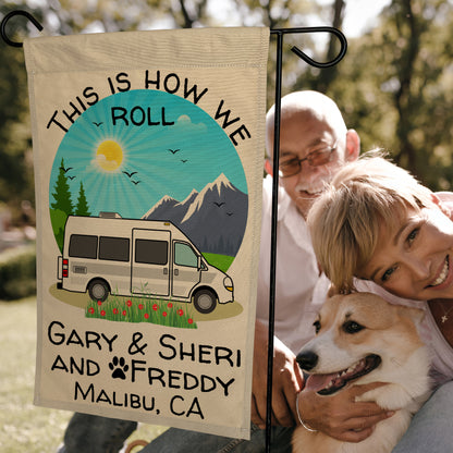 This is How We Roll, Personalized Class B Camper Van RV Campsite Flag Tan Fabric
