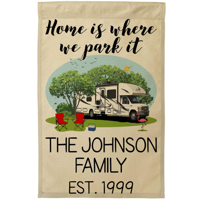 Home is Where We Park It Personalized Camping Flag with Class C Motorhome