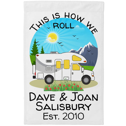 This is How We Roll, Personalized Class C Motorhome RV Campsite Flag on White Fabric