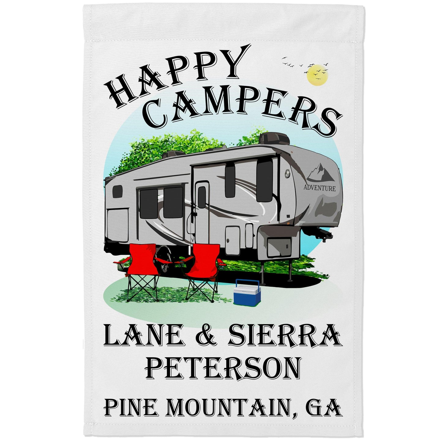 "Happy Campers" Personalized Camping Flag with 5th Wheel Trailer on White Fabric