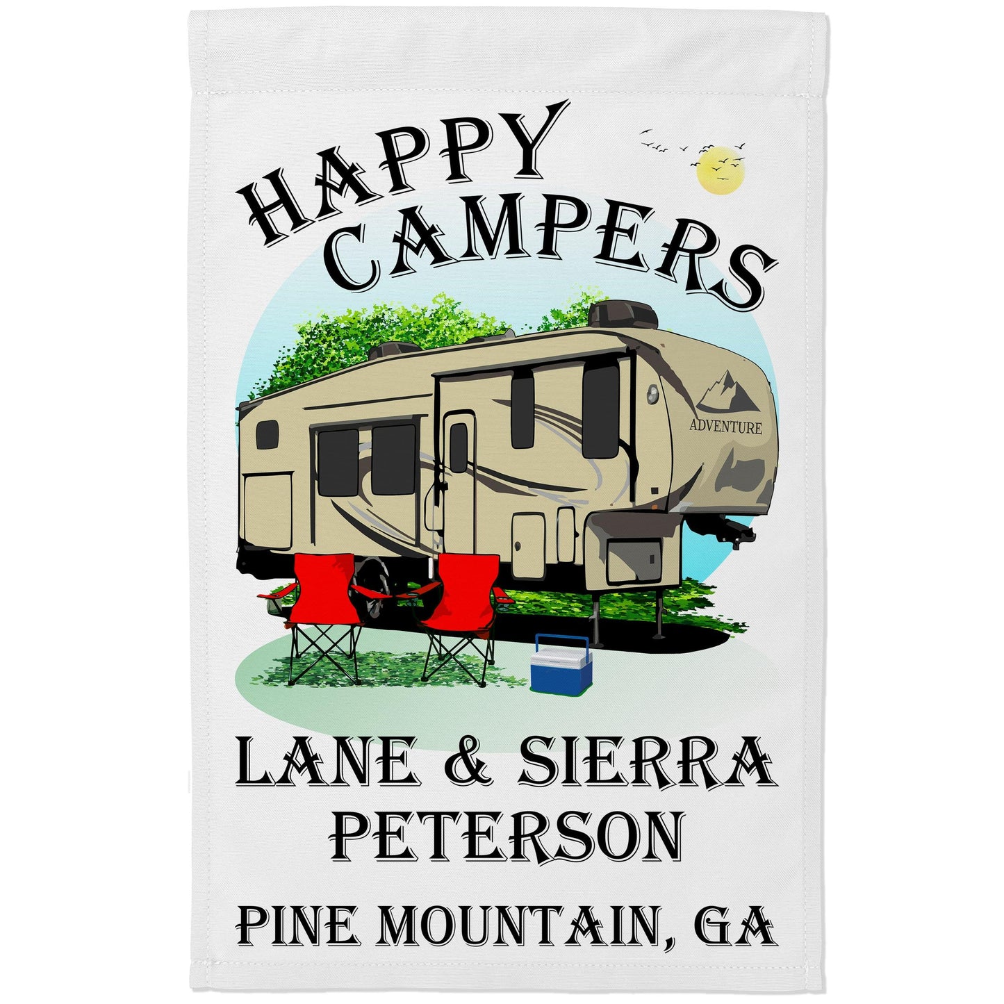"Happy Campers" Personalized Camping Flag with 5th Wheel Trailer on White Fabric