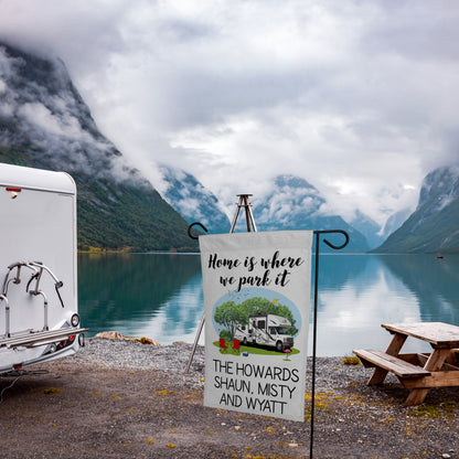 Home is Where We Park It Personalized Camping Flag with Class C Motorhome