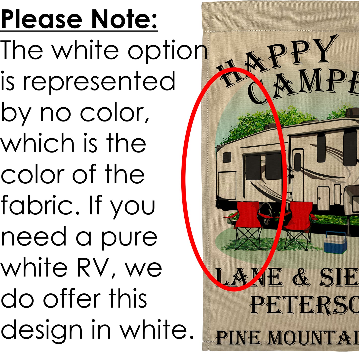 "Happy Campers" Personalized Camping Flag with 5th Wheel Trailer on Tan Fabric