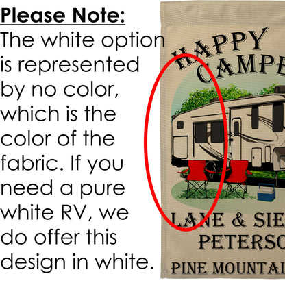 "Happy Campers" Personalized Camping Flag with 5th Wheel Trailer on Tan Fabric