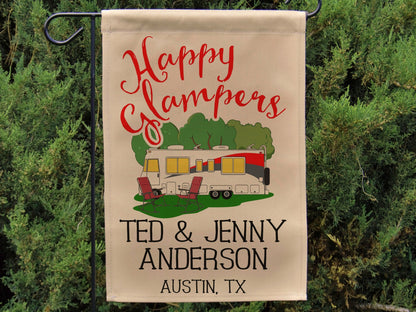 Personalized Happy Glampers, Glamour Camping Campsite Flag, Camp Sign, Class A Motorhome, Camping Decor, Motor Home Camp Flag