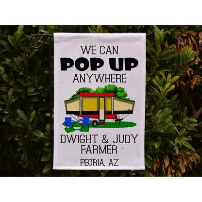 Ready to Ship We Can Pop UP Anywhere, Personalized Campsite Flag with Pop Up Folding Camper or A-frame, Customized just for you.