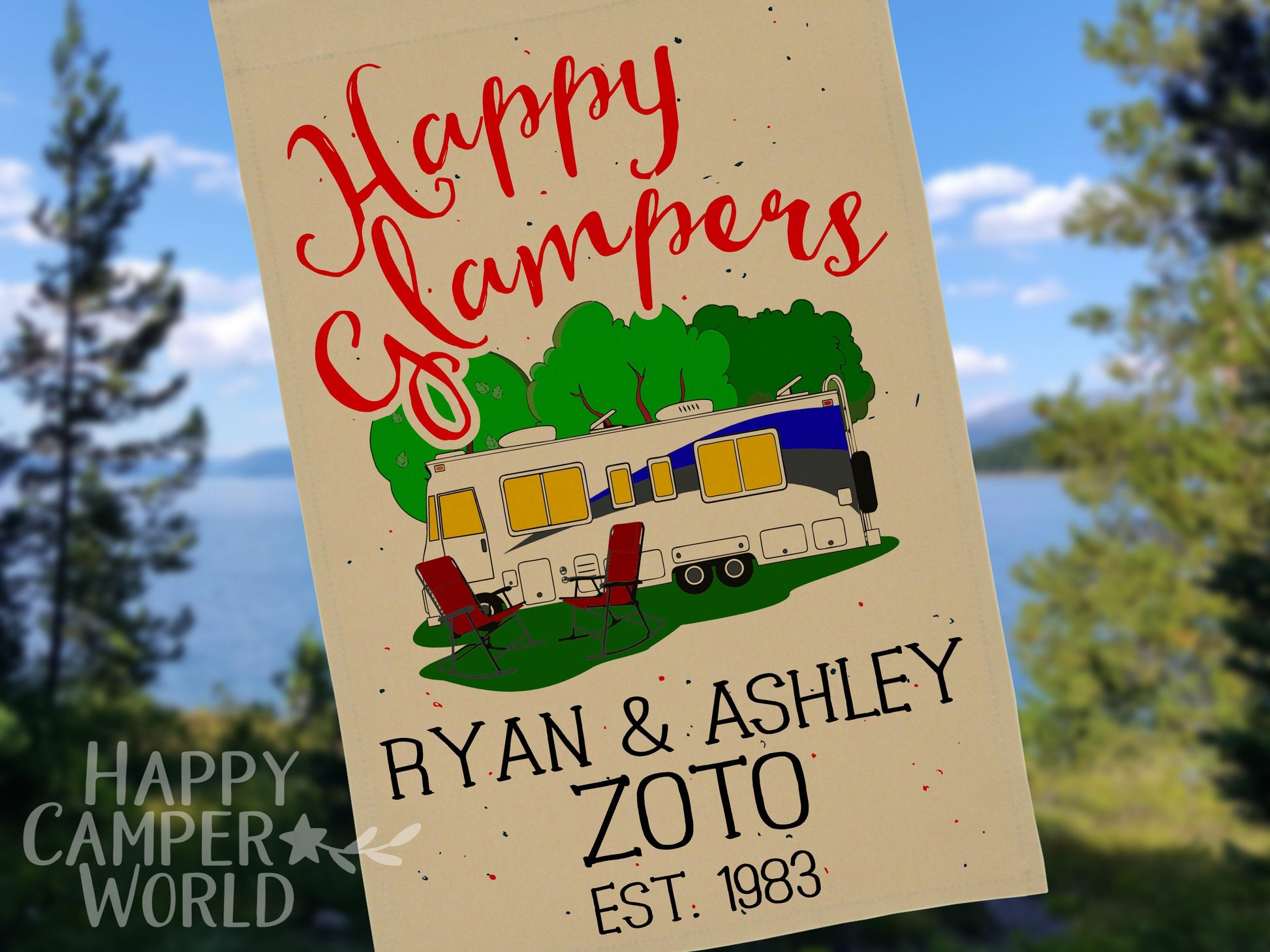 Personalized Happy Glampers, Glamour Camping Campsite Flag, Camp Sign, Class A Motorhome, Camping Decor, Motor Home Camp Flag