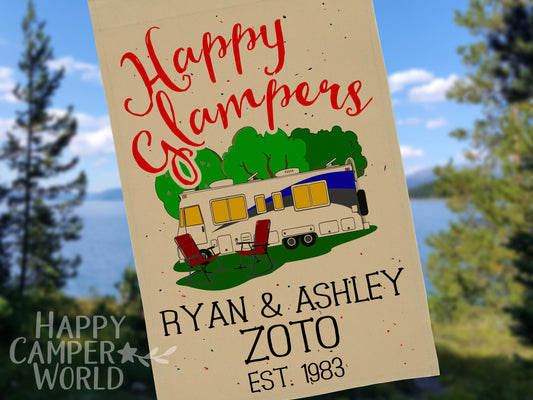 Personalized Happy Glampers, Glamour Camping Campsite Flag, Camp Sign, Class A Motorhome, Camping Decor, Motor Home Camp Flag