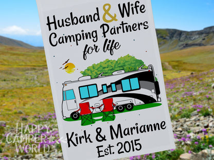 Personalized Class A Motorhome Camping Sign, Husband and Wife Camping Partners for Life, Motor Home Campsite Flag, Custom Camping Flag