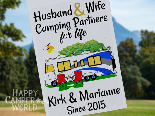 Personalized Class A Motorhome Camping Sign, Husband and Wife Camping Partners for Life, Motor Home Campsite Flag, Custom Camping Flag