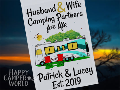 Personalized Class A Motorhome Camping Sign, Husband and Wife Camping Partners for Life, Motor Home Campsite Flag, Custom Camping Flag