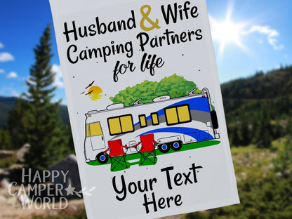 Personalized Class A Motorhome Camping Sign, Husband and Wife Camping Partners for Life, Motor Home Campsite Flag, Custom Camping Flag