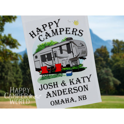 Happy Campers Personalized 5th Wheel Camping Flag, Camping Sign, Campsite Flag, RV Camp Sign, Camper Decoration, 5th Wheel Decor
