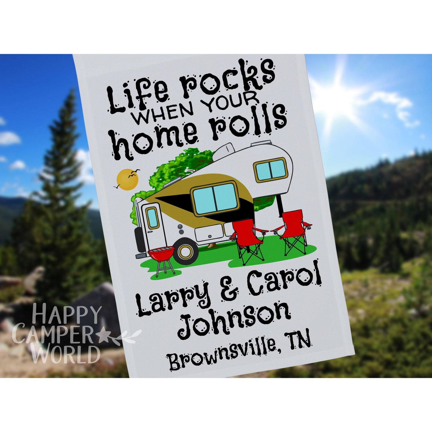 Life Rocks When Your Home Rolls, Personalized 5th Wheel Trailer Campsite Flag, Camping Banner, Camp Sign, Camp Decoration, Trailer Decor