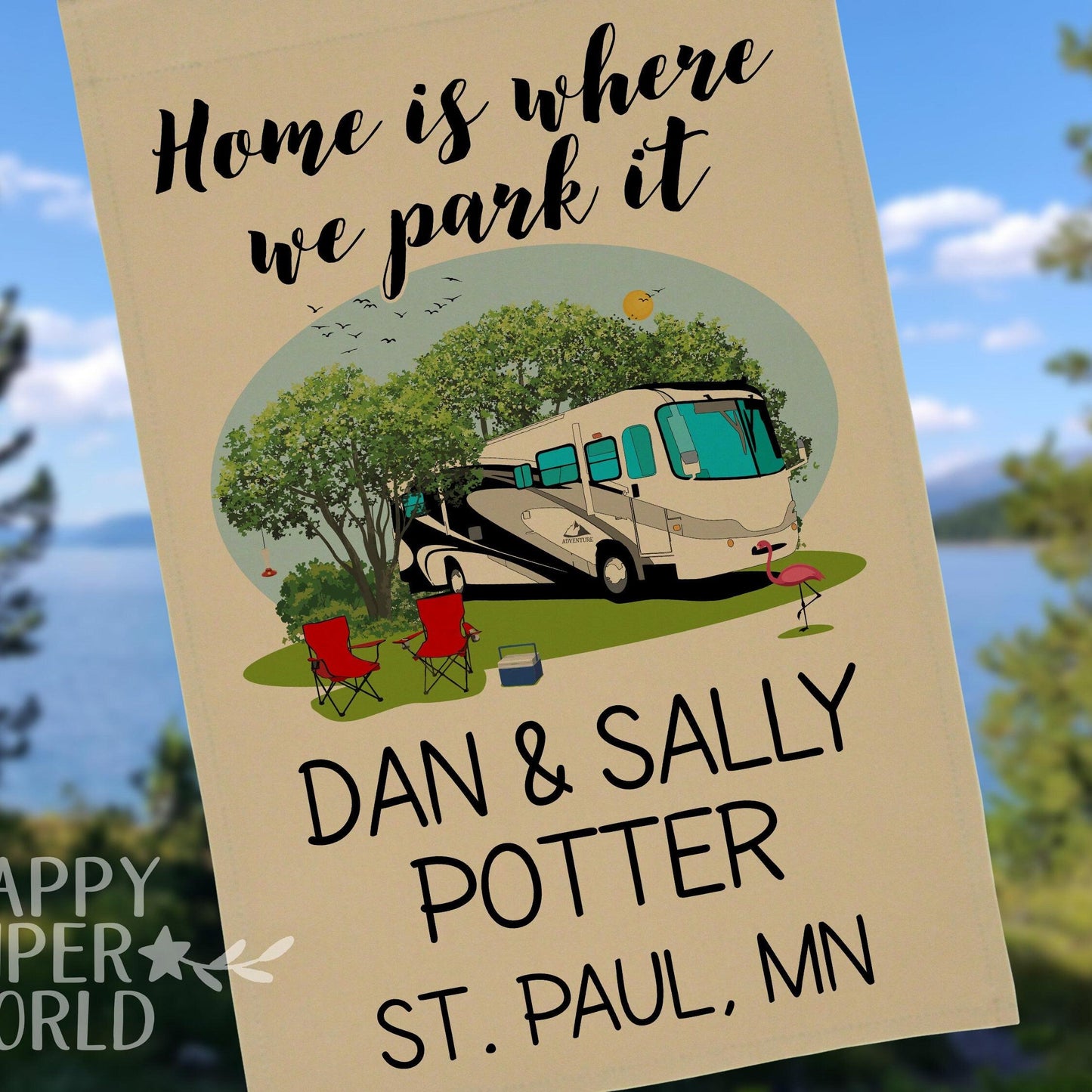 Personalized Tan Camping Flag, "Home is where we park it", Class A Motorhome Flag