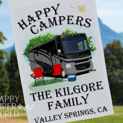 Happy Campers, Personalized Class A Motorhome RV Camping Flag