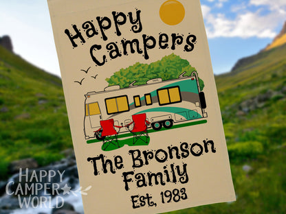 Personalized Camping Flag, "Happy Campers" Flag, Class A Motor Home RV Camping Sign, Custom Camper Flag, Camp Decor
