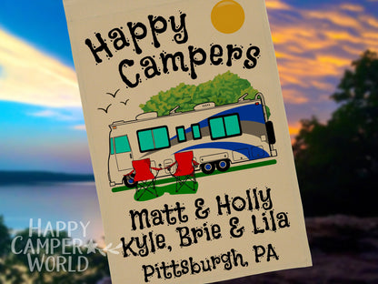 Personalized Camping Flag, "Happy Campers" Flag, Class A Motor Home RV Camping Sign, Custom Camper Flag, Camp Decor