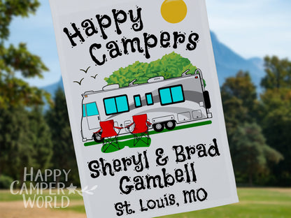 Personalized Camping Flag, "Happy Campers" Flag, Class A Motor Home RV Camping Sign, Custom Camper Flag, Camp Decor, White Fabric