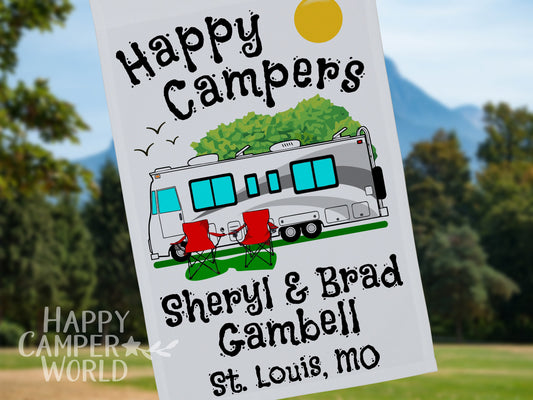Personalized Camping Flag, "Happy Campers" Flag, Class A Motor Home RV Camping Sign, Custom Camper Flag, Camp Decor, White Fabric