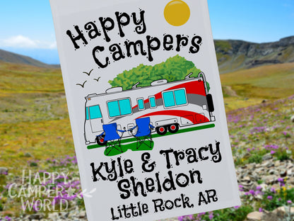 Personalized Camping Flag, "Happy Campers" Flag, Class A Motor Home RV Camping Sign, Custom Camper Flag, Camp Decor, White Fabric