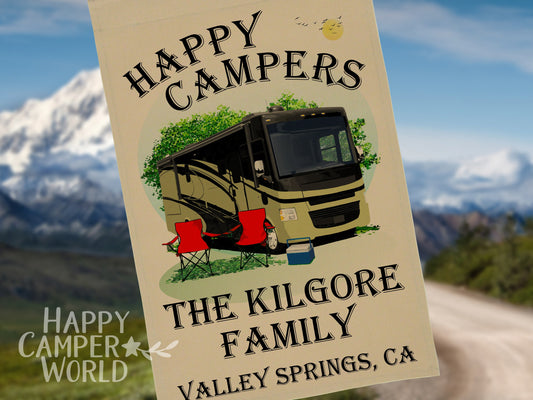 Happy Campers, Personalized Class A Motorhome Camp Flag, Campsite Flag, RV Decor, Camping Sign, Motor Home Decor, Camp Banner, Campsite Sign