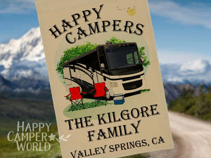 Happy Campers, Personalized Class A Motorhome Camp Flag, Campsite Flag, RV Decor, Camping Sign, Motor Home Decor, Camp Banner, Campsite Sign