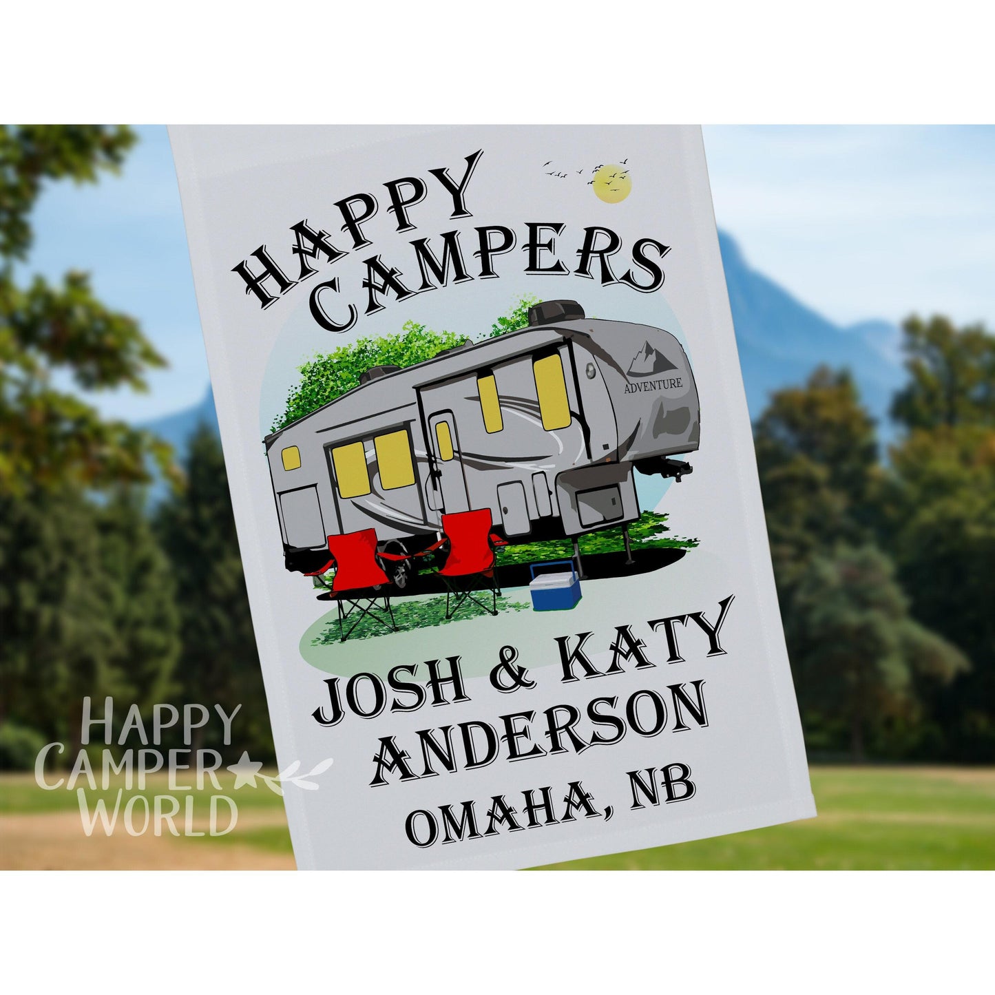 Happy Campers Personalized 5th Wheel Camping Flag, Camping Sign, Campsite Flag, RV Camp Sign, Camper Decoration, 5th Wheel Decor