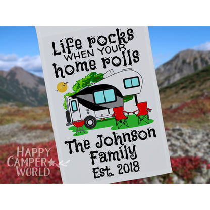 Life Rocks When Your Home Rolls, Personalized 5th Wheel Trailer Campsite Flag, Camping Banner, Camp Sign, Camp Decoration, Trailer Decor