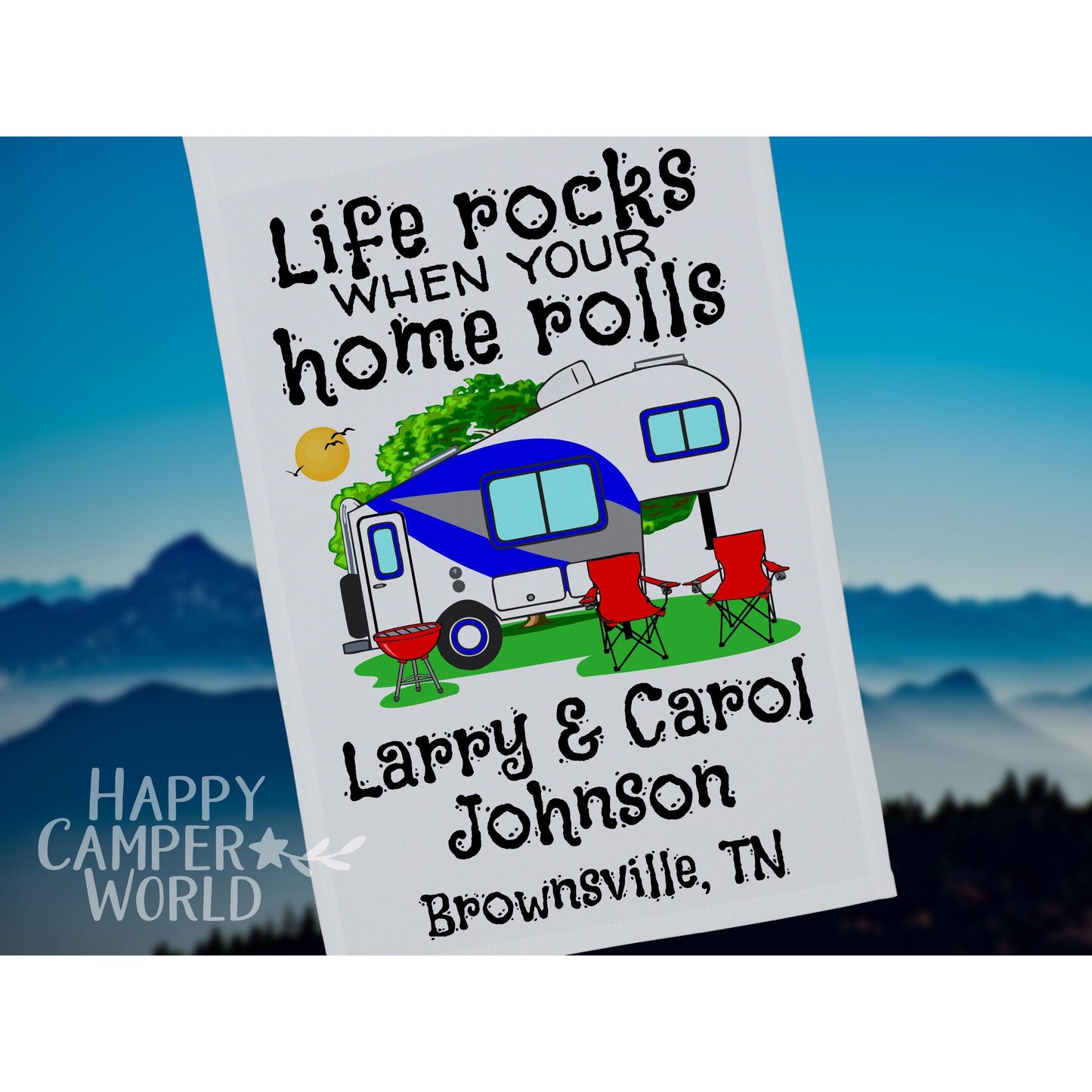 Life Rocks When Your Home Rolls, Personalized 5th Wheel Trailer Campsite Flag, Camping Banner, Camp Sign, Camp Decoration, Trailer Decor