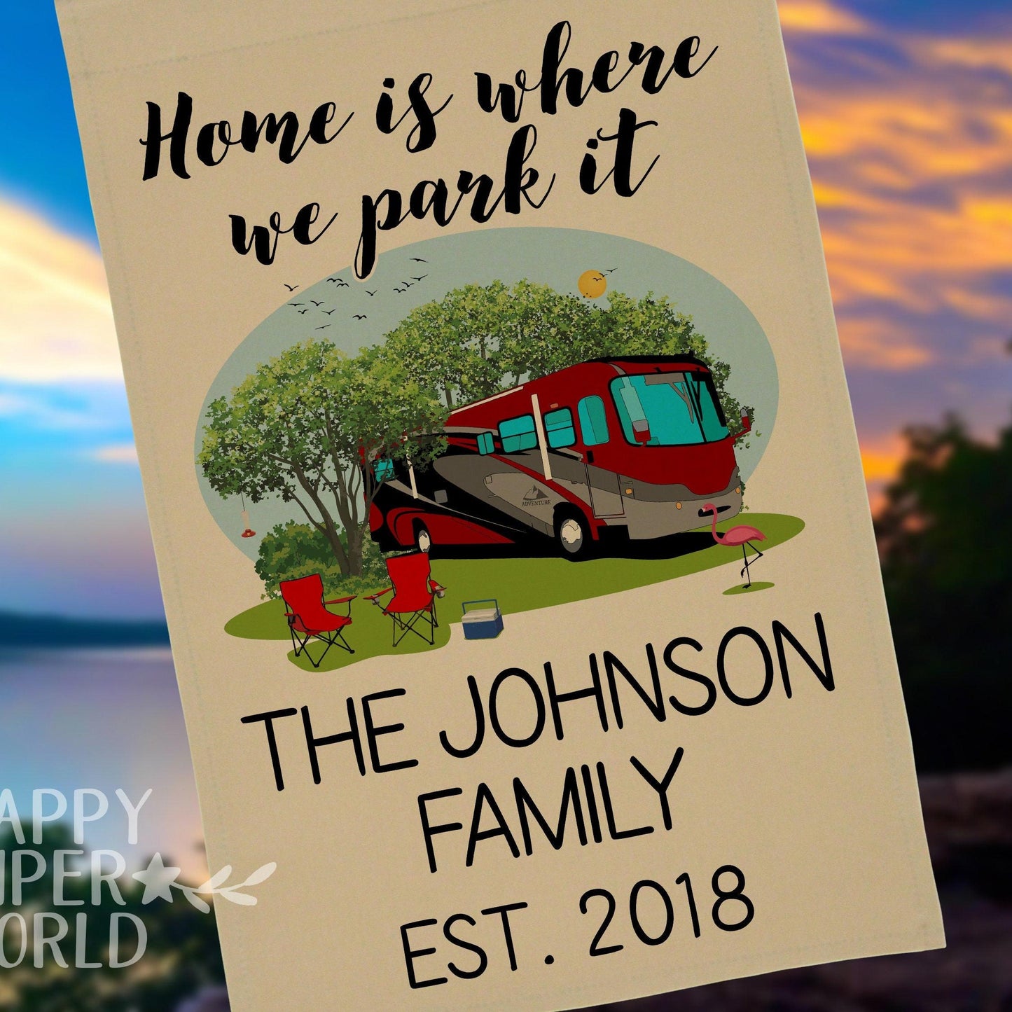 Personalized Tan Camping Flag, "Home is where we park it", Class A Motorhome Flag