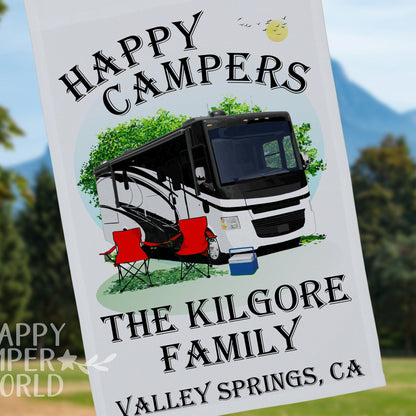 Happy Campers, Personalized Class A Motorhome RV Camping Flag