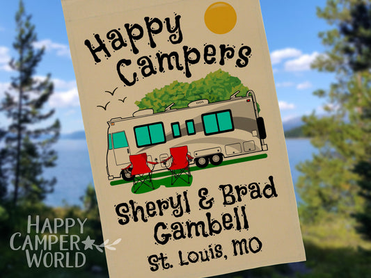 Personalized Camping Flag, "Happy Campers" Flag, Class A Motor Home RV Camping Sign, Custom Camper Flag, Camp Decor