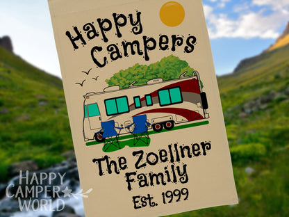 Personalized Camping Flag, "Happy Campers" Flag, Class A Motor Home RV Camping Sign, Custom Camper Flag, Camp Decor