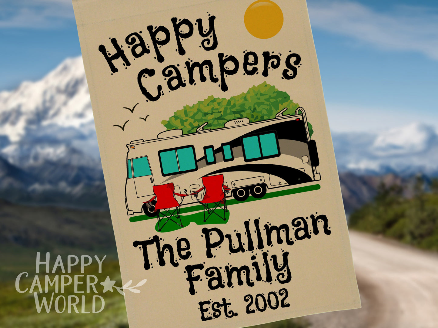 Personalized Camping Flag, "Happy Campers" Flag, Class A Motor Home RV Camping Sign, Custom Camper Flag, Camp Decor