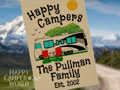 Personalized Camping Flag, "Happy Campers" Flag, Class A Motor Home RV Camping Sign, Custom Camper Flag, Camp Decor